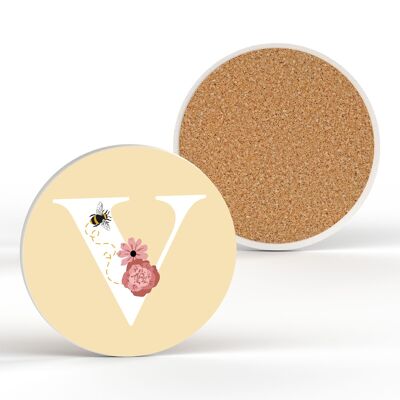 P3192 – Pastellgelber Buchstabe V Keramik-Untersetzer mit Biene und Blumenmotiv