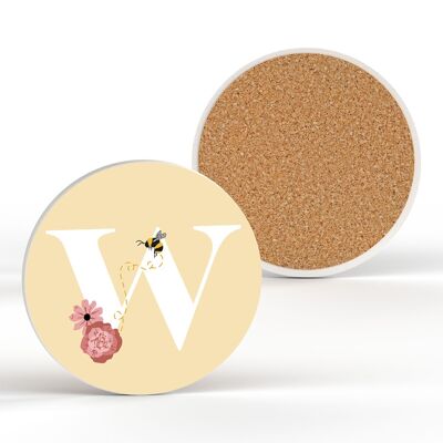 P3193 - Pastel Yellow Letter W Ceramic Coaster With Bee And Floral Theme
