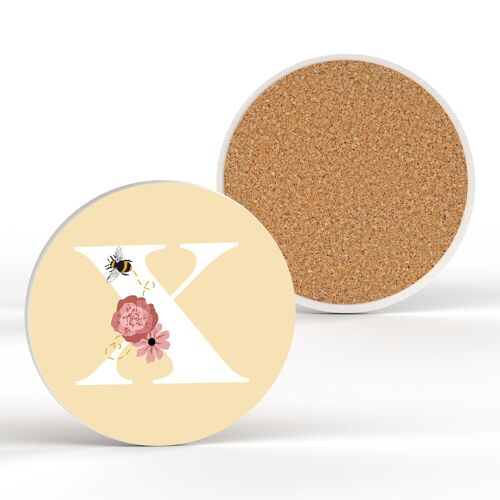 P3194 - Pastel Yellow Letter X Ceramic Coaster With Bee And Floral Theme