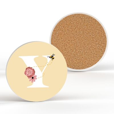 P3195 – Pastellgelber Buchstabe Y Keramik-Untersetzer mit Biene und Blumenmotiv