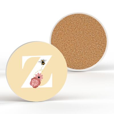 P3196 - Pastel Yellow Letter Z Ceramic Coaster With Bee And Floral Theme