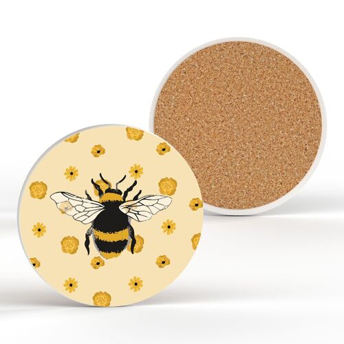 P3197 - Pastel Yellow Bee And Floral Pattern Cermaic Coaster