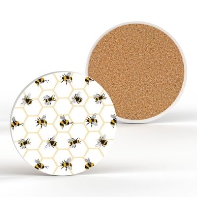 P3200 - Pastel Yellow Busy Bees Honeycombe Pattern Cermaic Coaster
