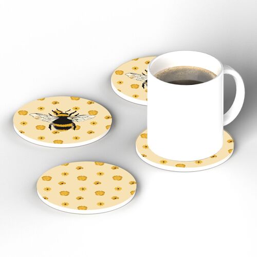 P3202 - Floral Style Bee Themed Set Of 4 Ceramic Circular Coasters