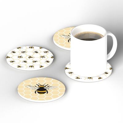 P3203 - Honeycombe Style Bee Themed Set Of 4 Ceramic Circular Coasters