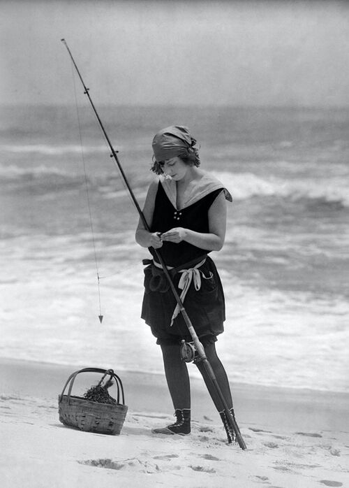 Blank greetings card - Girl fishing on the beach