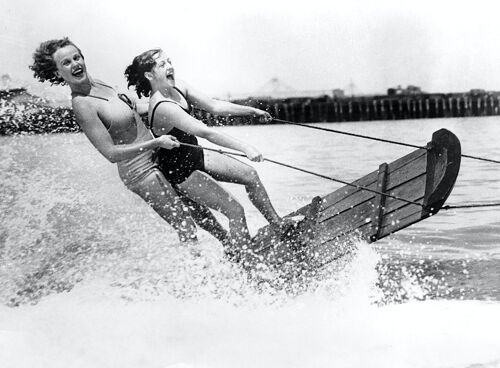 Blank greetings card - Two girls waterskiing