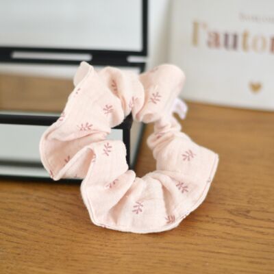 Pink floral cotton gauze scrunchie