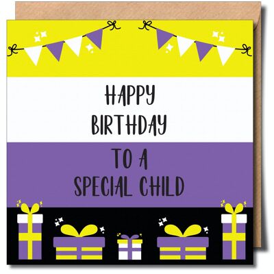 Feliz cumpleaños a una tarjeta de felicitación no binaria especial para niños. Tarjeta de cumpleaños no binaria