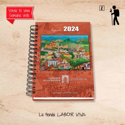 Agenda 2024 Caravaca de la Cruz, in formato vista settimanale illustrata da Luisa Fernanda Gutiérrez Arte naif