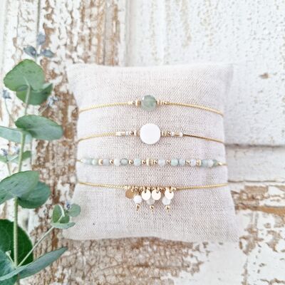 Lithotherapy bracelet | Well-being wristband | Fine bracelet in 14k gold filled gold and natural stone | Jade Jewel | Mother-of-pearl jewel | Water Resistant Jewelry | Tadaam Jewelry | Made in France |