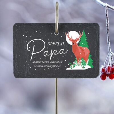 P3214-25 - Papa speciale mancato al palo della placca della tomba in ardesia commemorativa dei cervi di Natale