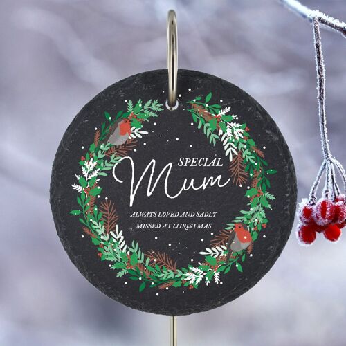 P3215-10 - Special Mum Missed At Christmas Robin Wreath Memorial Slate Grave Plaque Stake
