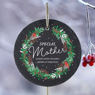 P3215-19 - Special Mother Missed at Christmas Robin Wreath Memorial Slate Grave Plaque Schiefer