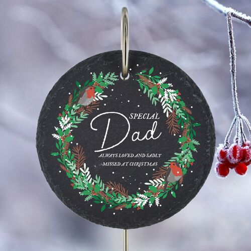 P3215-24 - Special Dad Missed At Christmas Robin Wreath Memorial Slate Grave Plaque Stake