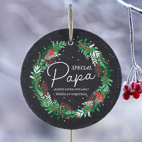 P3215-25 - Special Papa Missed At Christmas Robin Wreath Memorial Slate Grave Plaque Stake