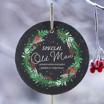 P3215-27 - Spezieller alter Mann, der zu Weihnachten vermisst wurde Robin Wreath Memorial Slate Grave Plaque Schieferpfahl