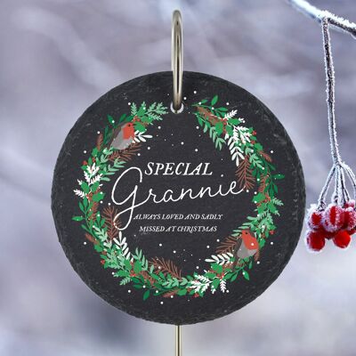 P3215-3 - Special Grannie Missed At Christmas Robin Wreath Memorial Slate Grave Plaque Stake