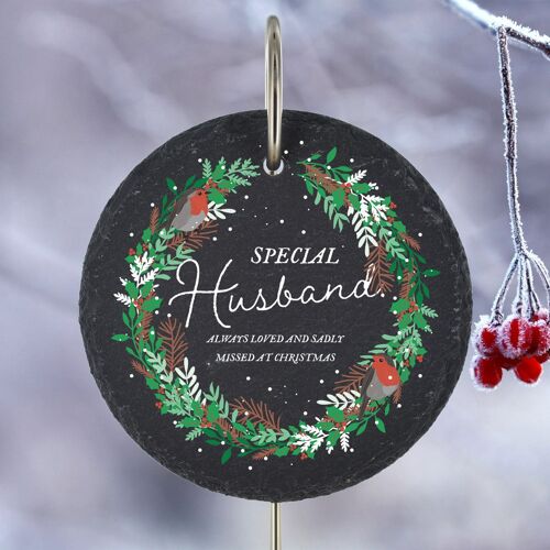 P3215-36 - Special Husband Missed At Christmas Robin Wreath Memorial Slate Grave Plaque Stake
