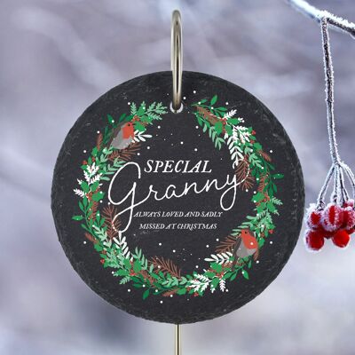 P3215-4 - Spezielle Granny Missed at Christmas Robin Wreath Memorial Slate Grave Plaque Stake