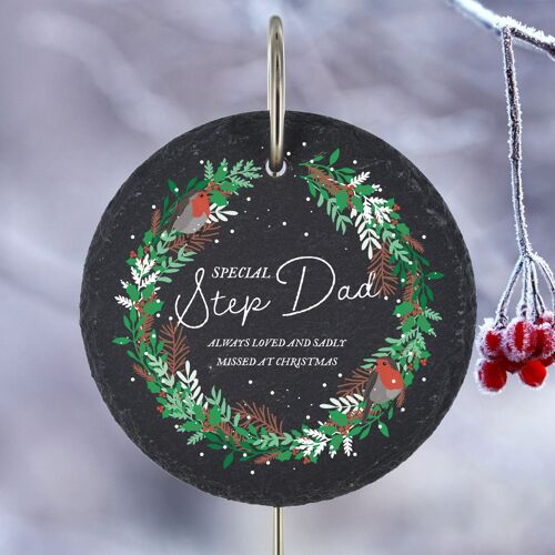 P3215-55 - Special Step Dad Missed At Christmas Robin Wreath Memorial Slate Grave Plaque Stake