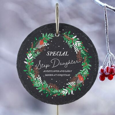 P3215-60 - Hijastra especial perdida en Navidad Estaca de placa de pizarra conmemorativa de Robin Wreath