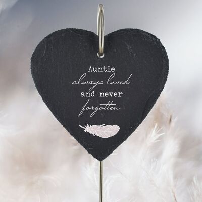 P3216-31 - La tía siempre amó, nunca olvidó, estaca de placa de tumba de pizarra conmemorativa de plumas