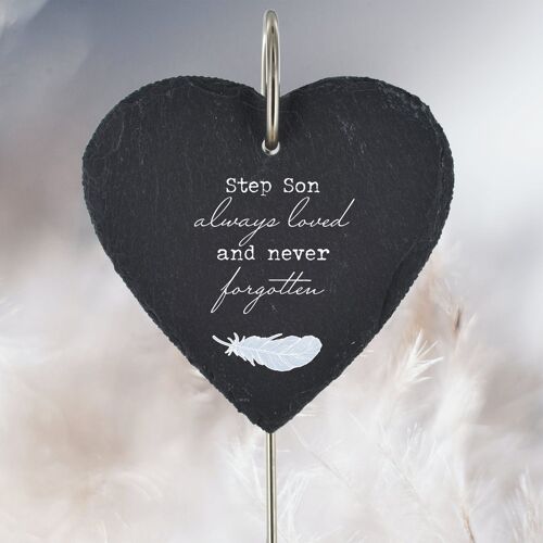 P3216-61 - Step Son Always Loved Never Forgotten Feather Memorial Slate Grave Plaque Stake