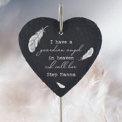 P3217-43 - Ángel guardián en el cielo llamado Step Mamma Feather Memorial Placa de tumba de pizarra