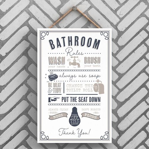 P3229 - Bathroom Rules Modern Grey Typography Home Humour Wooden Hanging Plaque