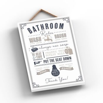 P3229 - Règles de la salle de bain Plaque à suspendre en bois avec typographie grise moderne 2