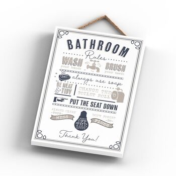 P3229 - Règles de la salle de bain Plaque à suspendre en bois avec typographie grise moderne 3