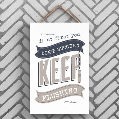 P3236 - Keep Flushing Modern Grey Typography Home Humor Targa da appendere in legno