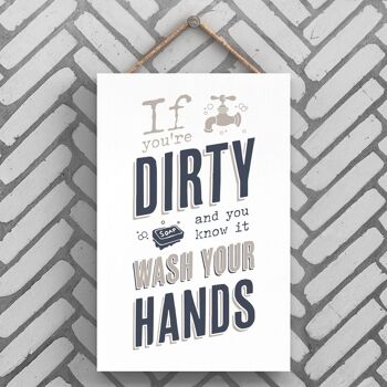 P3237 - Lavez-vous les mains Modern Grey Typography Home Humor Plaque à suspendre en bois 1