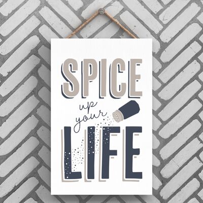 P3245 - Spice Up Life Modern Grey Typography Home Humor Placa colgante de madera
