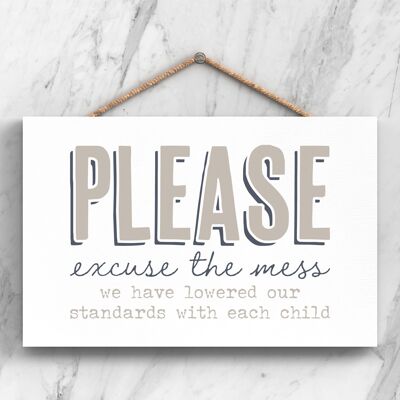 P3258 - Excuse The Mess Modern Gray Typography Home Humor Placa colgante de madera