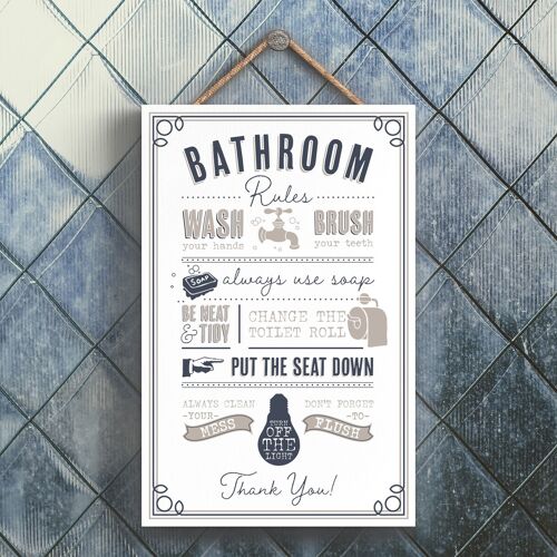 P3267 - Bathroom Rules Modern Grey Typography Home Humour Wooden Hanging Plaque