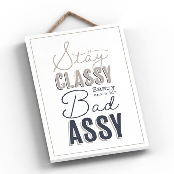 P3287 - Classy Sassy Bad Assy Modern Gray Typography Home Humor Plaque à suspendre en bois 2