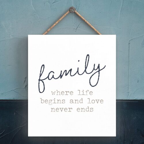 P3300 - Family Never Ends Modern Grey Typography Home Humour Wooden Hanging Plaque