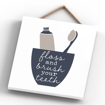 P3301 - Floss And Brush Modern Gray Typography Home Humor Plaque à suspendre en bois 4