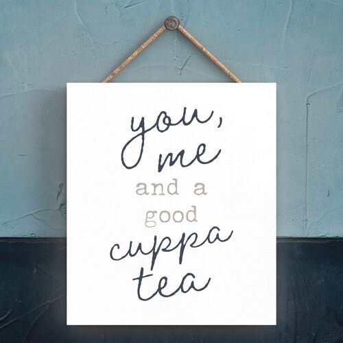 P3351 - You Me Cuppa Tea Modern Grey Typography Home Humour Wooden Hanging Plaque