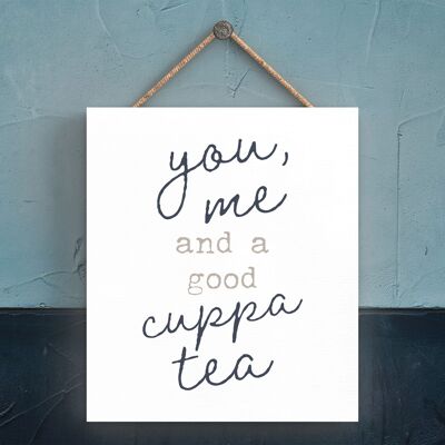 P3351 - You Me Cuppa Tea Moderna tipografia grigia Umorismo domestico Targa da appendere in legno