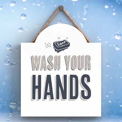 P3356 - Wash Your Hands Modern Grey Typography Home Humour Wooden Hanging Plaque