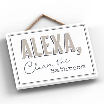 P3358 - Alexa Clean Bathroom Modern Grey Typography Home Humor Plaque à suspendre en bois 2