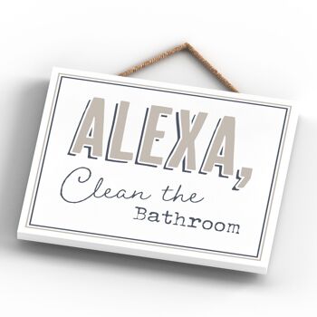 P3358 - Alexa Clean Bathroom Modern Grey Typography Home Humor Plaque à suspendre en bois 4