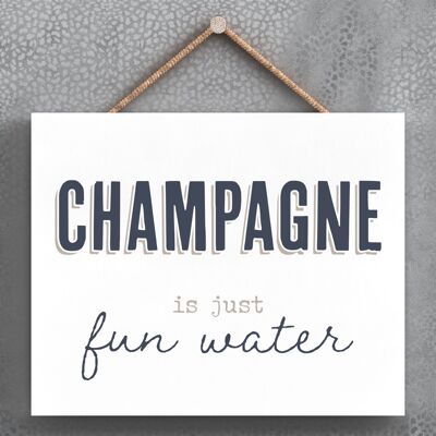 P3376 - Champagne Fun Water Moderna tipografia grigia Umorismo domestico Targa da appendere in legno