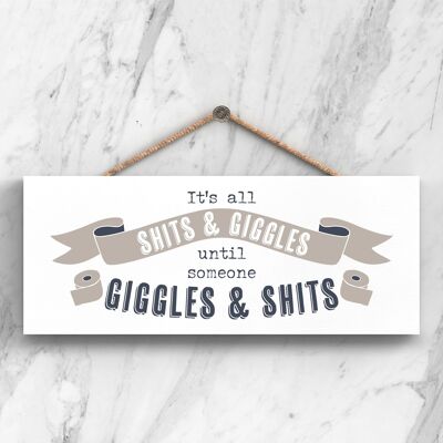P3412 - S**** And Giggles Modern Grey Typography Home Humor Plaque à suspendre en bois