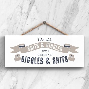 P3412 - S**** And Giggles Modern Grey Typography Home Humor Plaque à suspendre en bois 1
