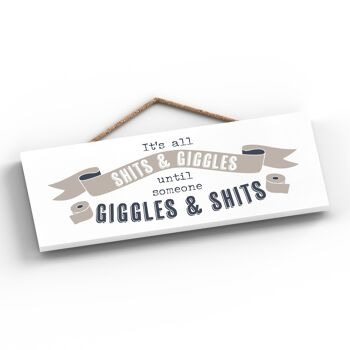 P3412 - S**** And Giggles Modern Grey Typography Home Humor Plaque à suspendre en bois 2