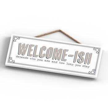 P3417 - Welcome-Ish Modern Grey Typography Home Humor Plaque à suspendre en bois 4